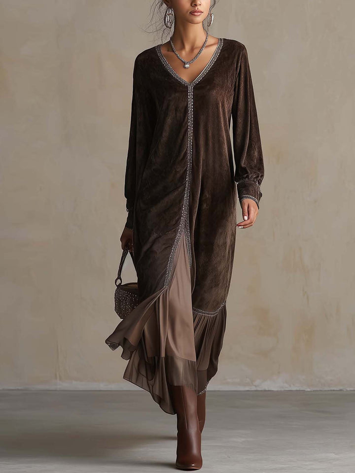 Calvyre-Paris | Thérèse | Robe midi évasée en suédine à col V
