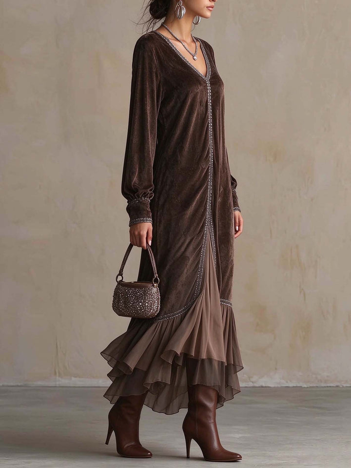 Calvyre-Paris | Thérèse | Robe midi évasée en suédine à col V