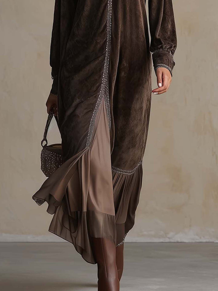 Calvyre-Paris | Thérèse | Robe midi évasée en suédine à col V