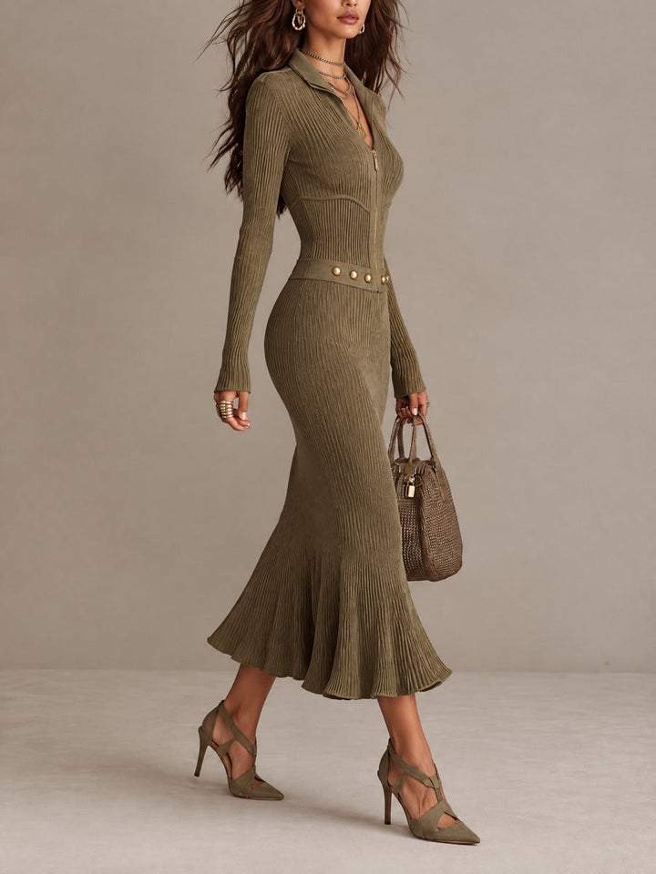 Calvyre-Paris | Martine | Robe midi côtelée zippée à ourlet sirène