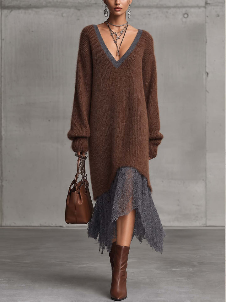 Calvyre-Paris | Florence | Robe midi en maille de mohair mélangé et dentelle