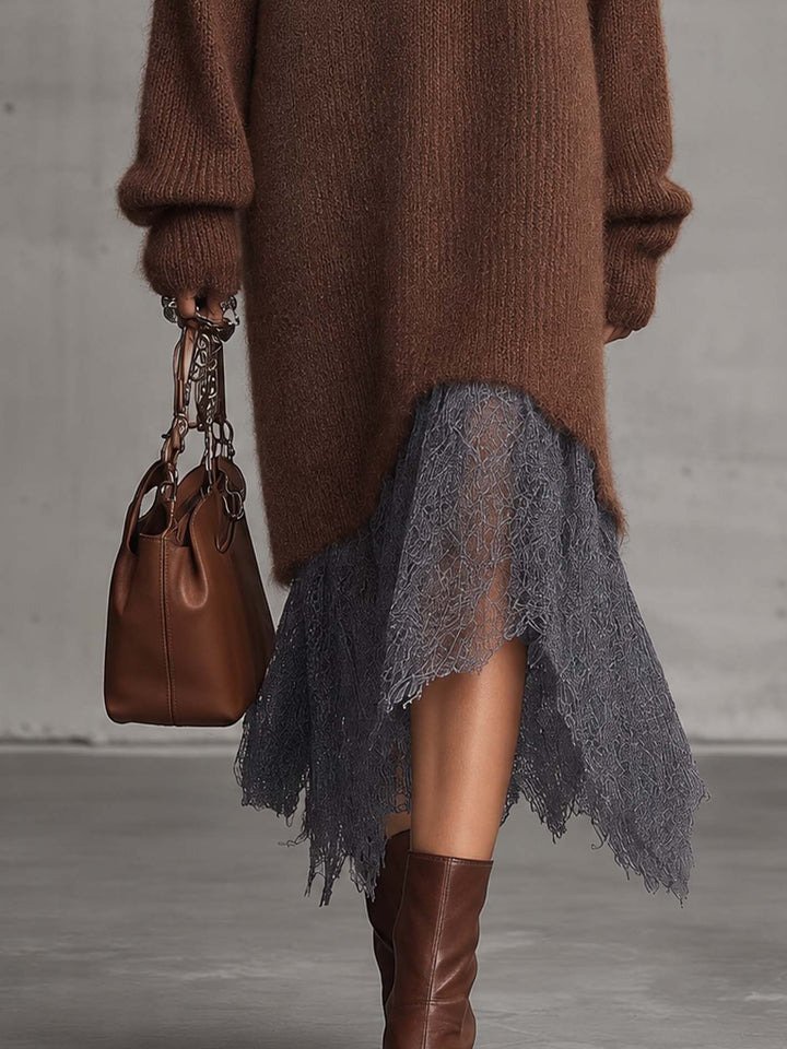 Calvyre-Paris | Florence | Robe midi en maille de mohair mélangé et dentelle