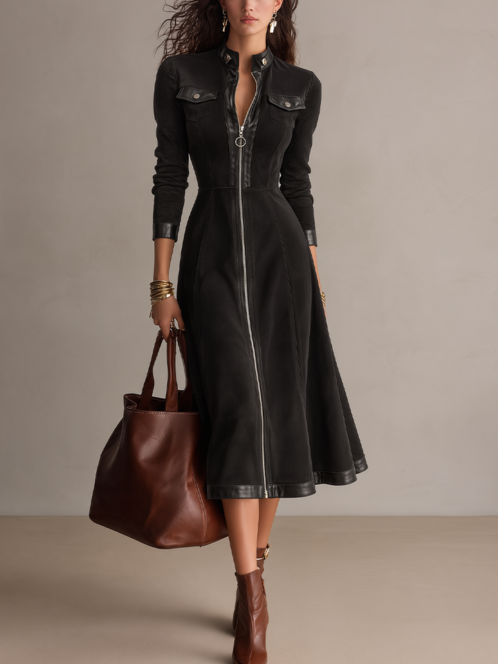 Calvyre-Paris | Camille | Robe midi à empiècements en similicuir