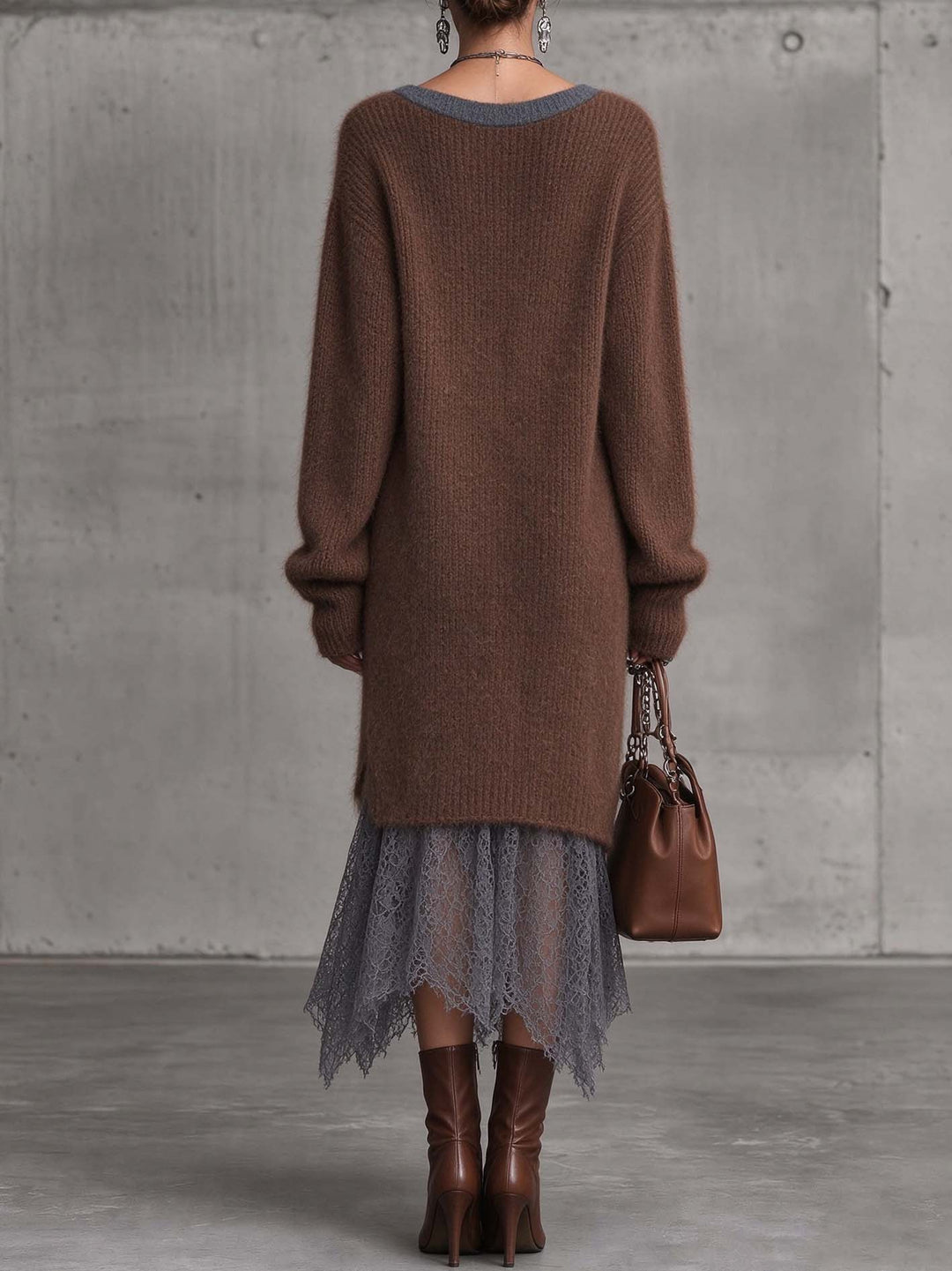 Calvyre-Paris | Florence | Robe midi en maille de mohair mélangé et dentelle