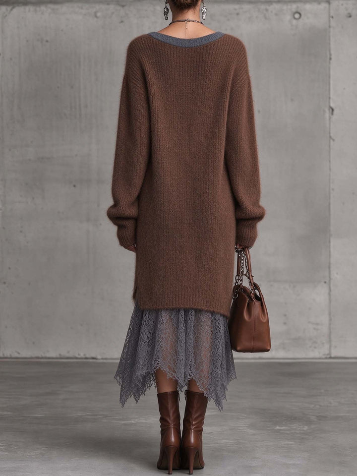 Calvyre-Paris | Florence | Robe midi en maille de mohair mélangé et dentelle