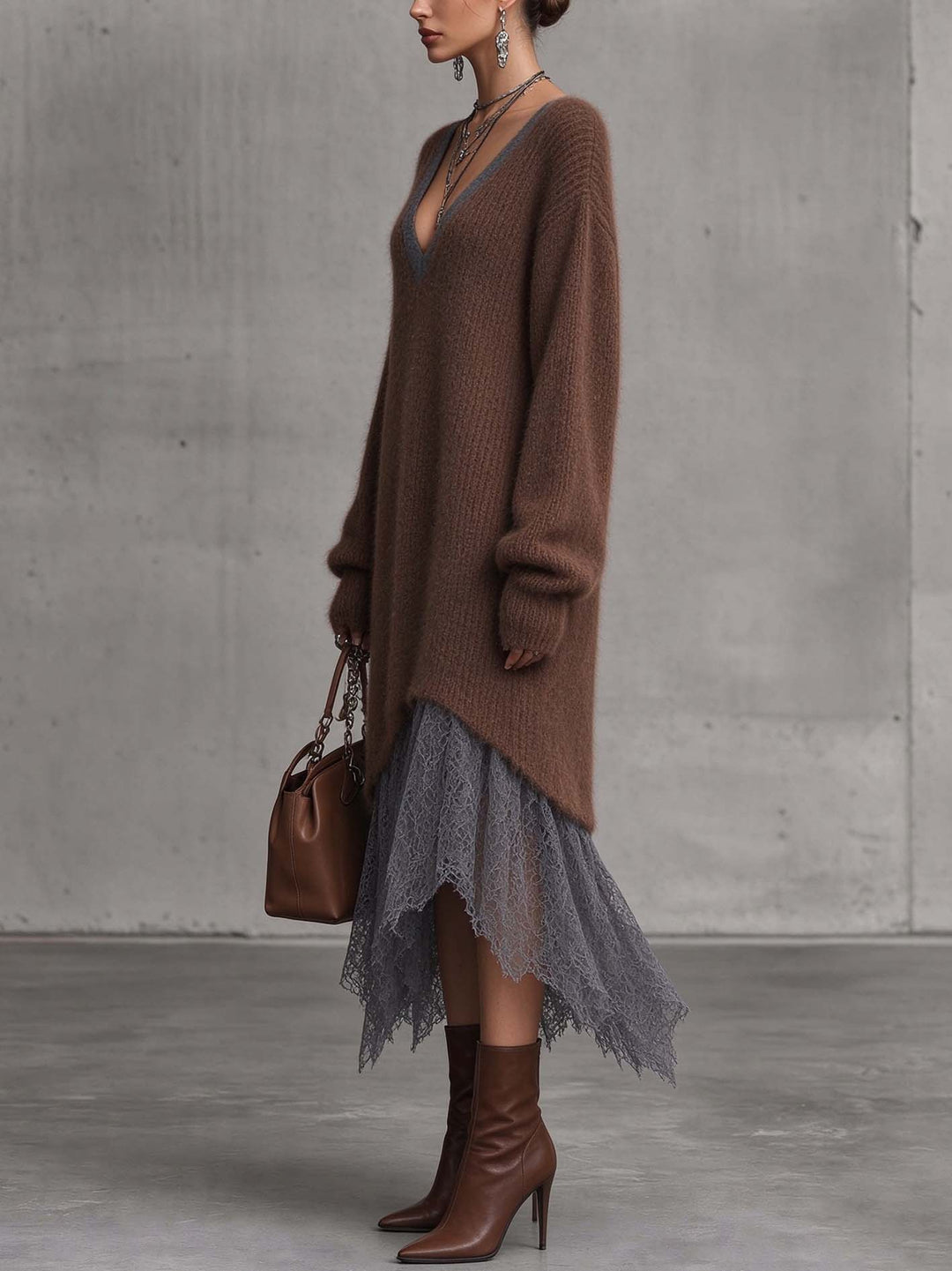Calvyre-Paris | Florence | Robe midi en maille de mohair mélangé et dentelle