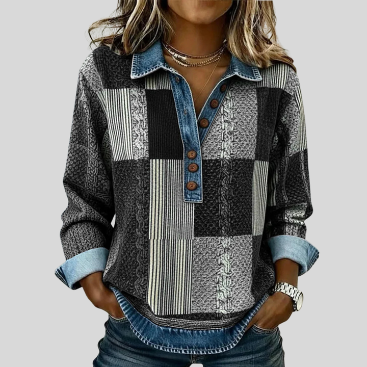 Calvyre-Paris | Pull Patchwork Effet Denim pour Femme Sylvie