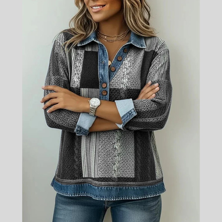 Calvyre-Paris | Pull Patchwork Effet Denim pour Femme Sylvie