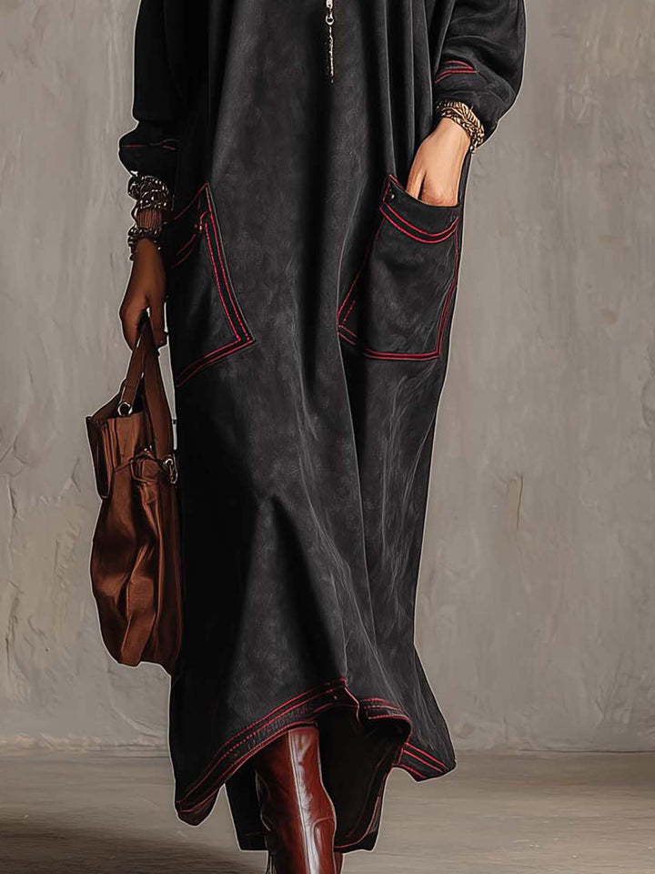 Calvyre-Paris | Marianne | Robe longue en suédine noire à surpiqûres rouges