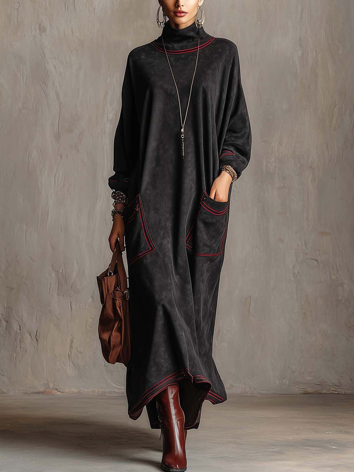 Calvyre-Paris | Marianne | Robe longue en suédine noire à surpiqûres rouges