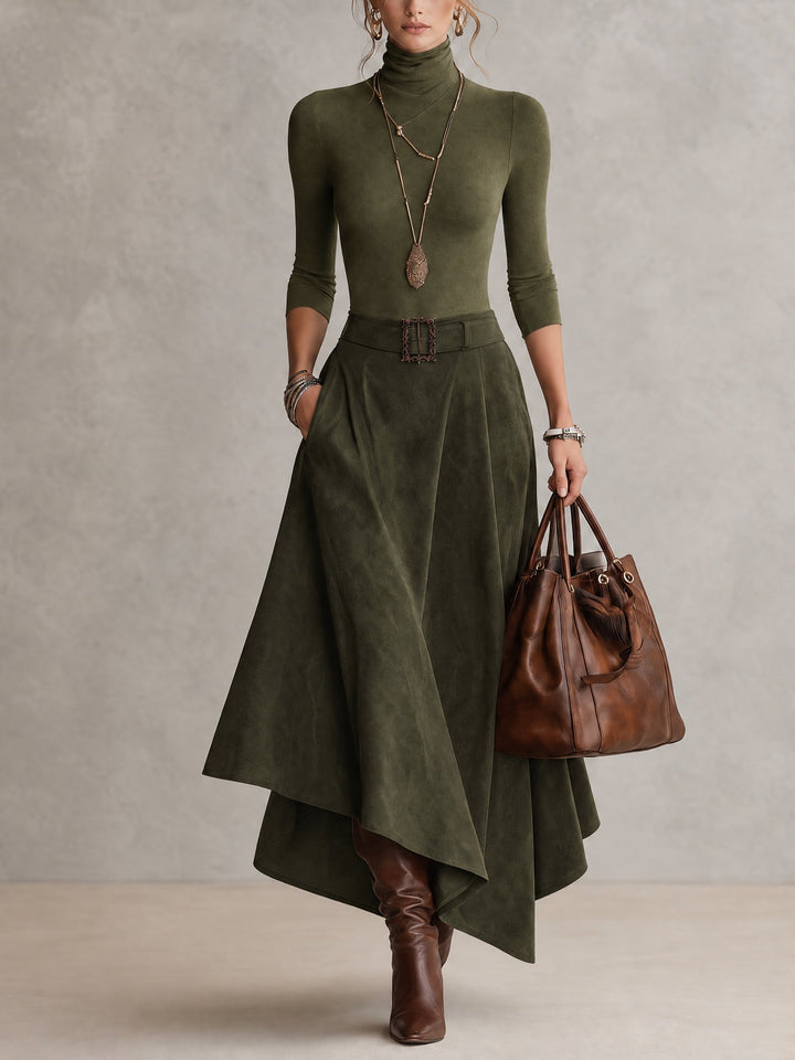Calvyre-Paris | Francine | Ensemble vert à col montant et jupe asymétrique
