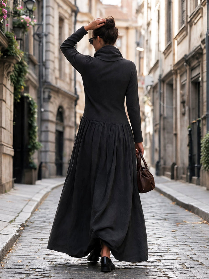 Calvyre-Paris | Pauline | Robe longue noire à col montant côtelé