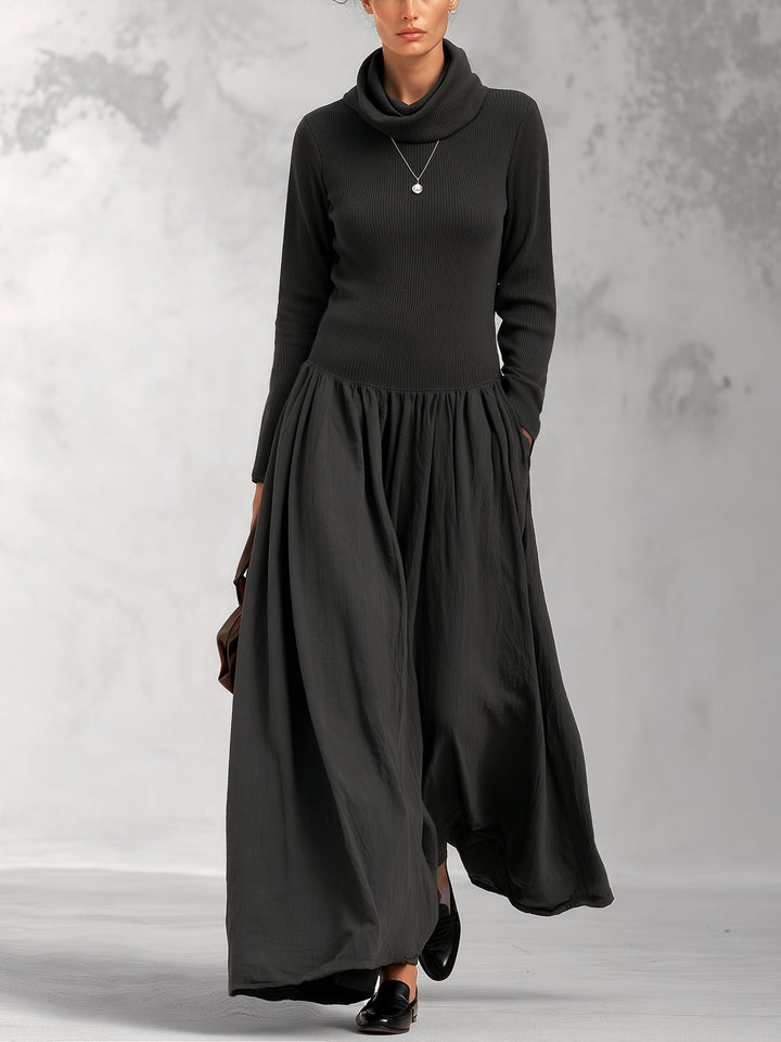 Calvyre-Paris | Pauline | Robe longue noire à col montant côtelé