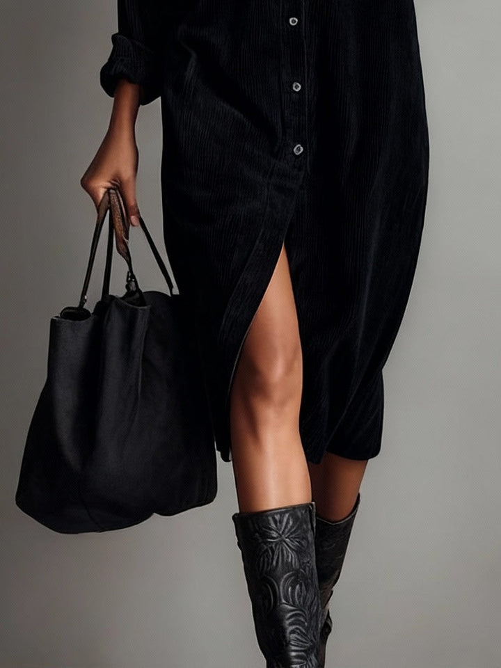Calvyre-Paris | Béatrice | Robe midi en velours côtelé à poches