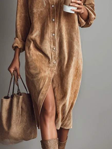 Calvyre-Paris | Béatrice | Robe midi en velours côtelé à poches