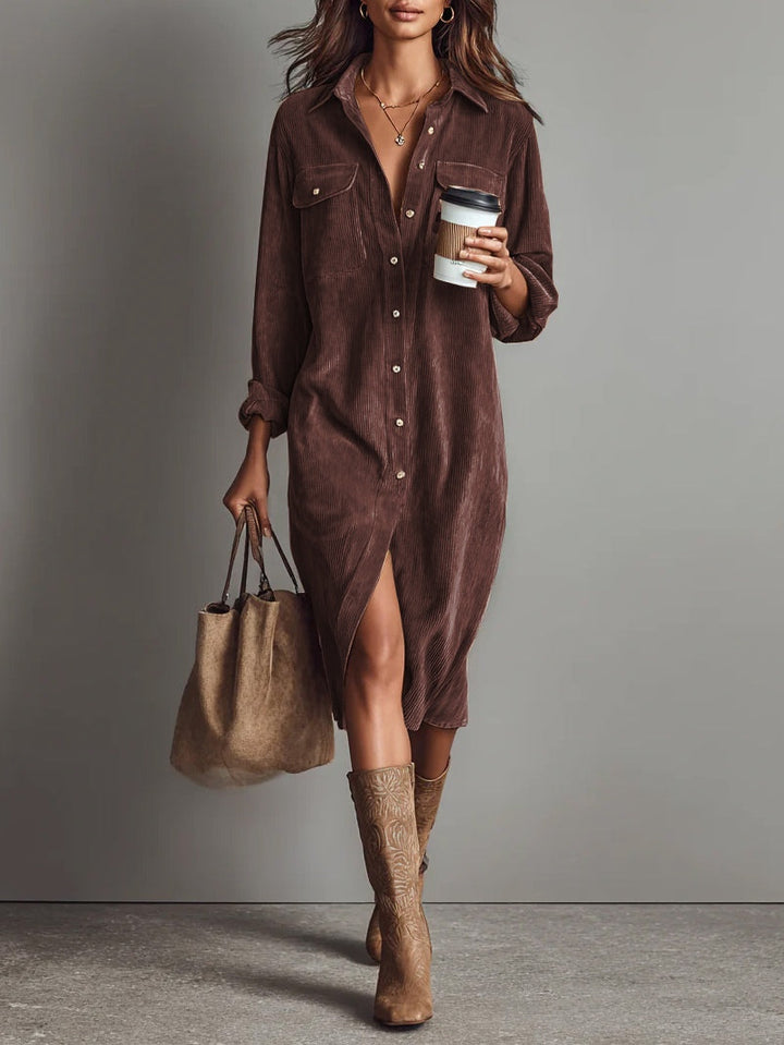Calvyre-Paris | Béatrice | Robe midi en velours côtelé à poches