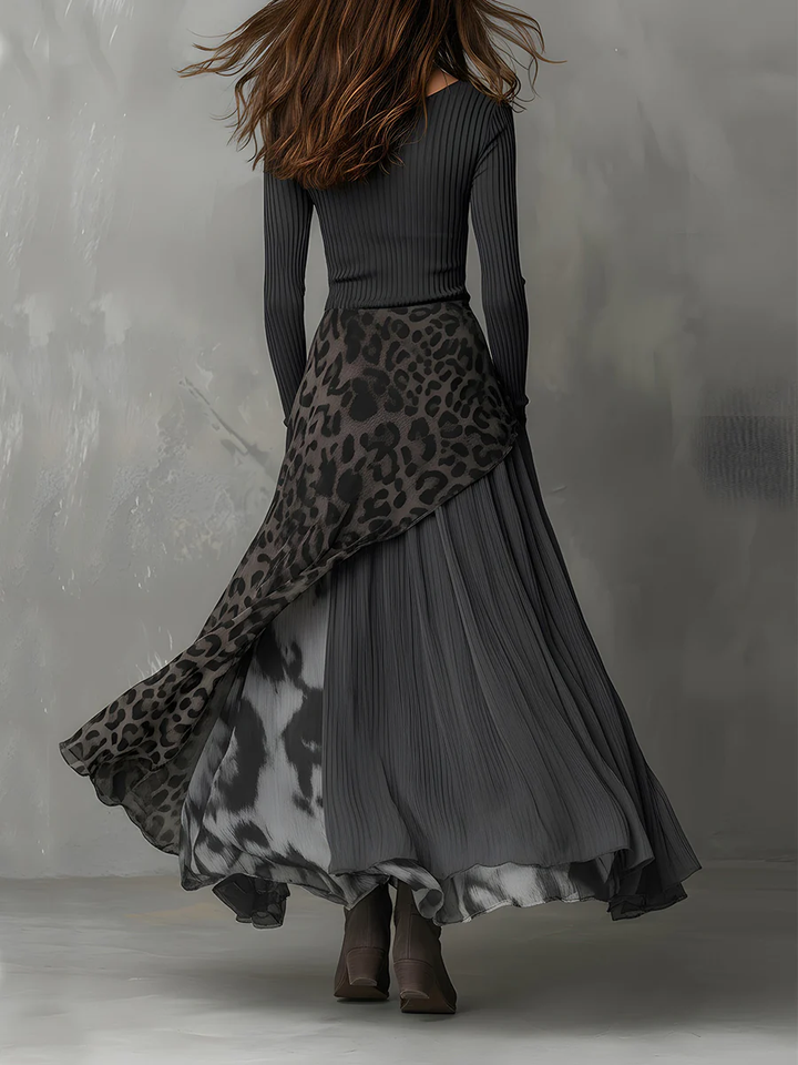 Calvyre-Paris | Laëtitia | Robe longue à rayures grises et imprimé léopard