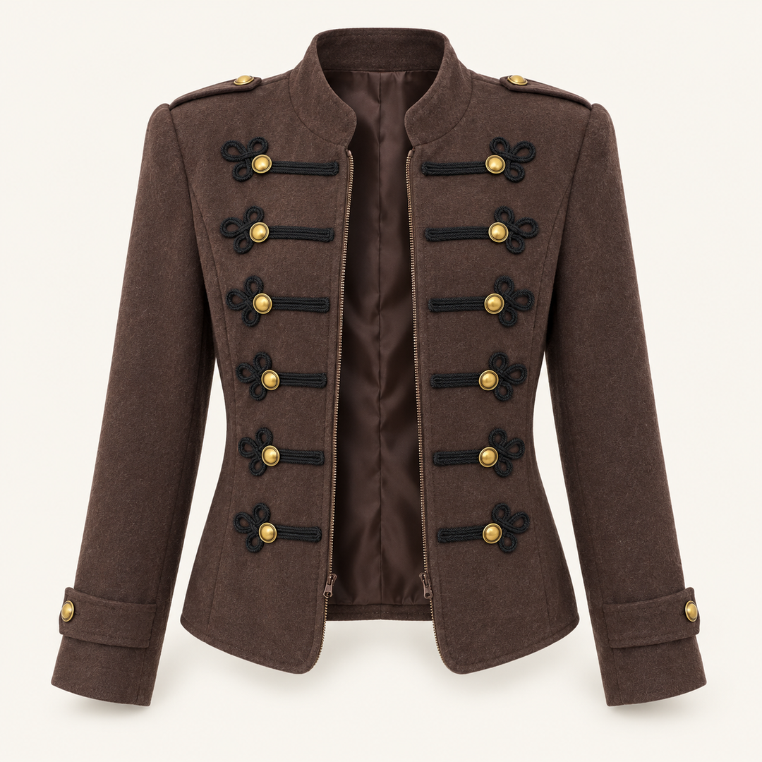 Calvyre-Paris | Annabelle | Veste à col mao et boutons dorés marron — vue de face sur fond blanc cassé.