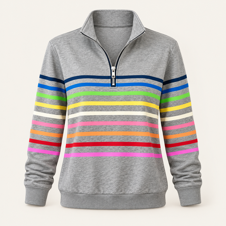Calvyre-Paris  | Sweat Zippé Rayures Multicolores pour Femme Nathalie — vue de face sur fond blanc cassé.