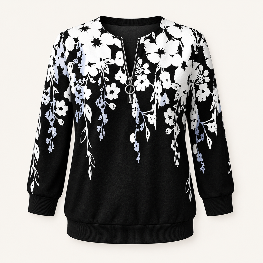 Calvyre-Paris  | Sweat Zippé Fleurs Graphiques pour Femme Aveline — vue de face sur fond blanc cassé.