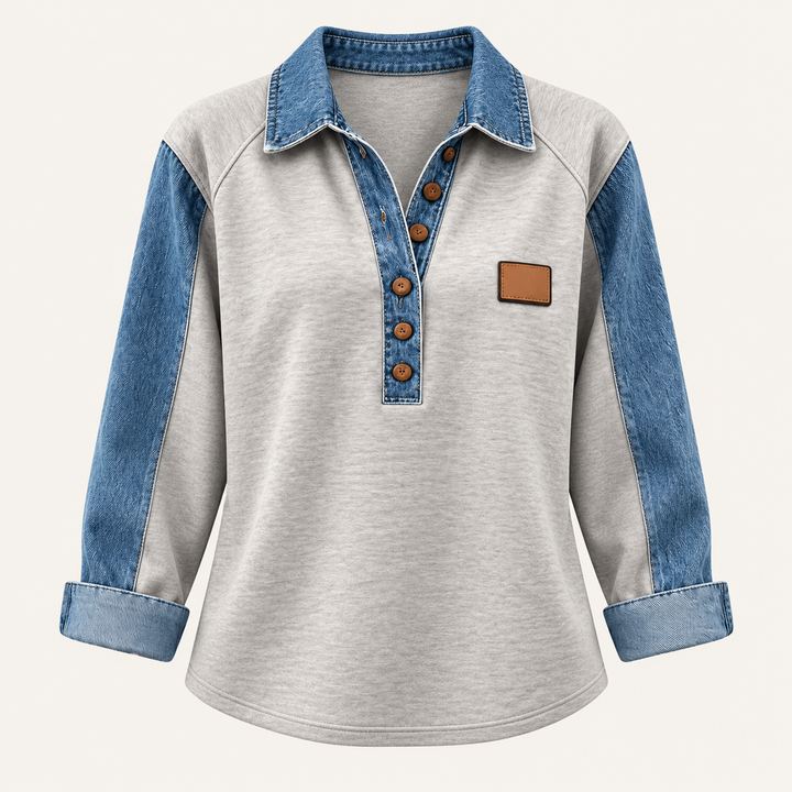 Calvyre-Paris  | Pull Col Boutonné Bicolore pour Femme Pauline — vue de face sur fond blanc cassé.
