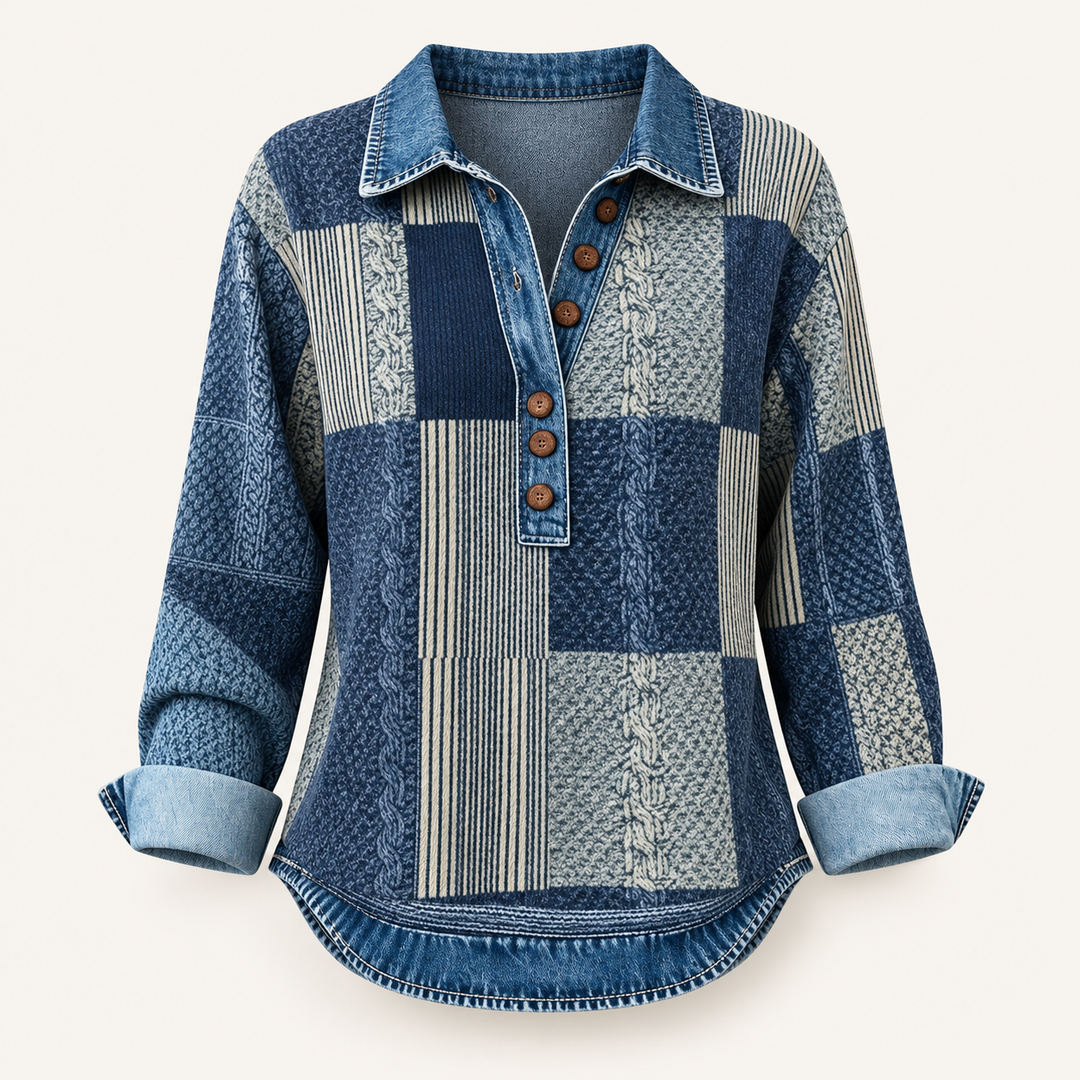 Calvyre-Paris | Pull Patchwork Effet Denim pour Femme Sylvie — vue de face sur fond blanc cassé.