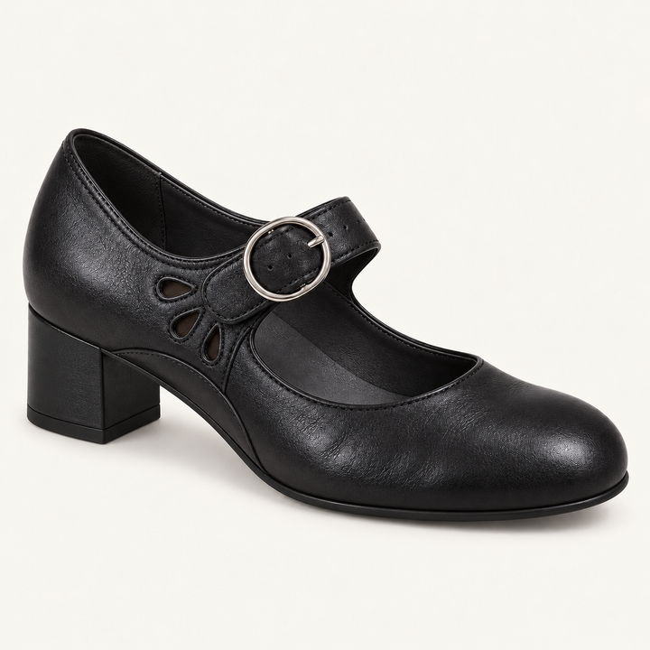 Calvyre-Paris | Babies en Cuir à Talon pour Femme | Tessa — Noir, sur fond blanc cassé.