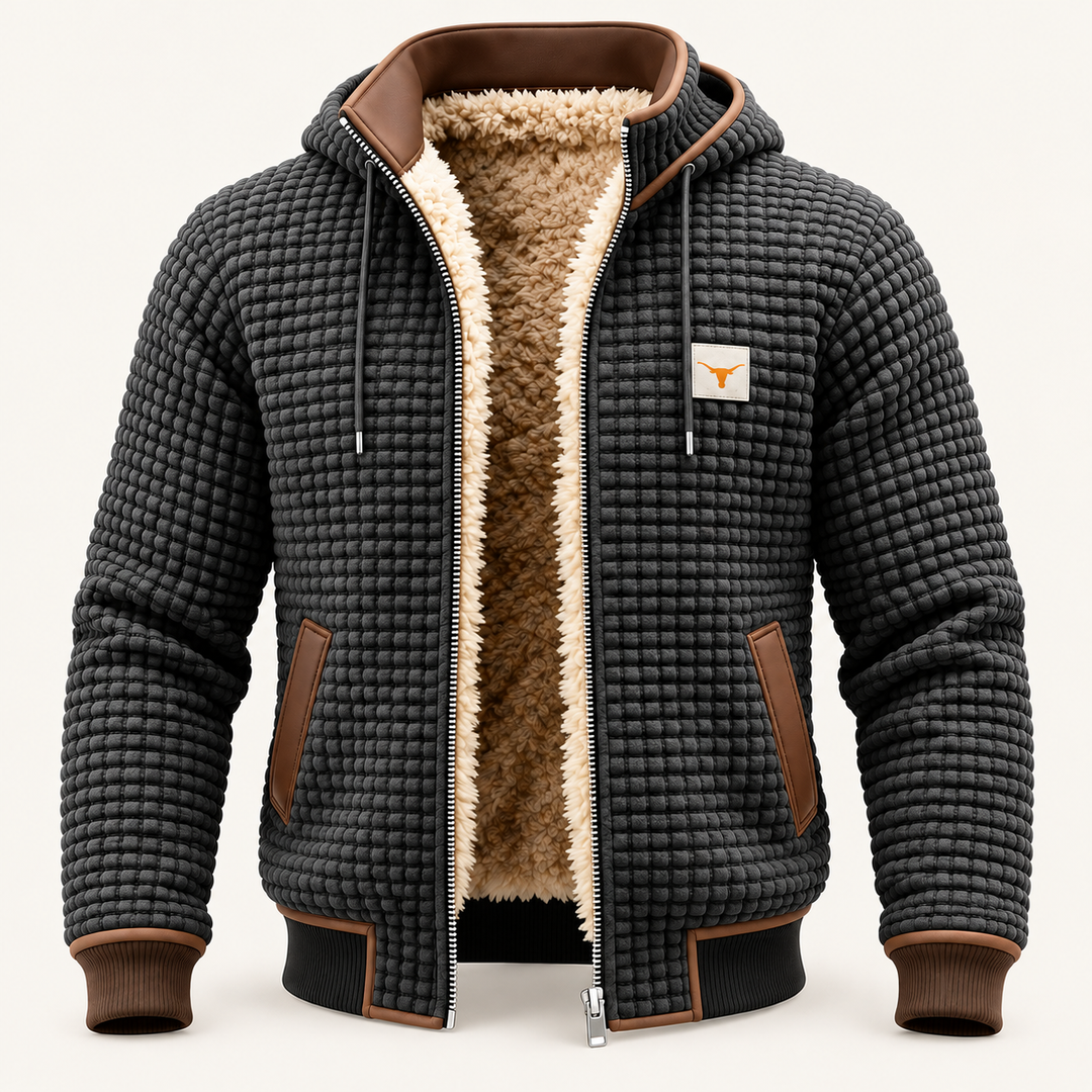 Calvyre-Paris| Veste rétro à capuche et fermeture éclair — Grijs, sur fond blanc cassé.