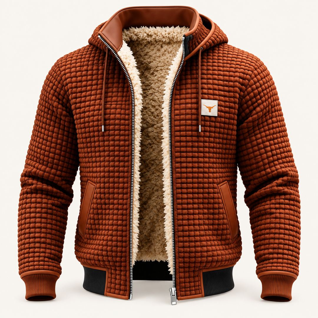 Calvyre-Paris| Veste rétro à capuche et fermeture éclair — Bruin, sur fond blanc cassé.
