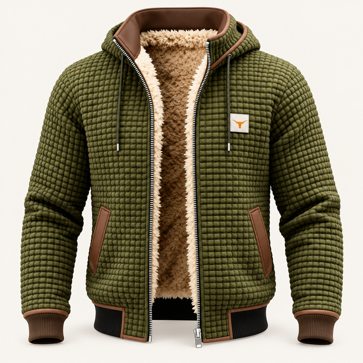 Calvyre-Paris| Veste rétro à capuche et fermeture éclair — Groen, sur fond blanc cassé.