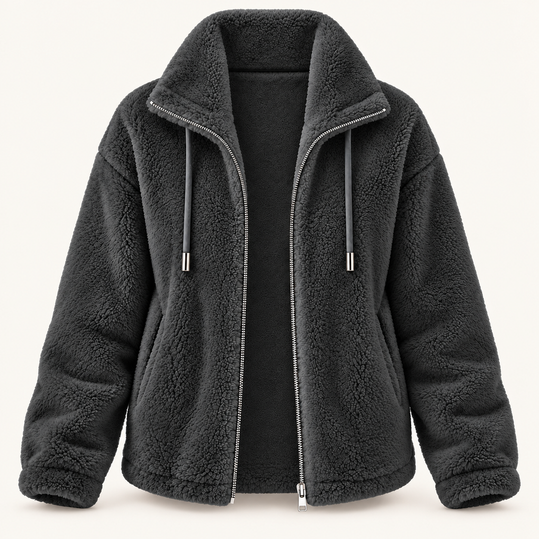 Calvyre-Paris Céliane – Veste teddy à col montant — Anthracite, sur fond blanc cassé.