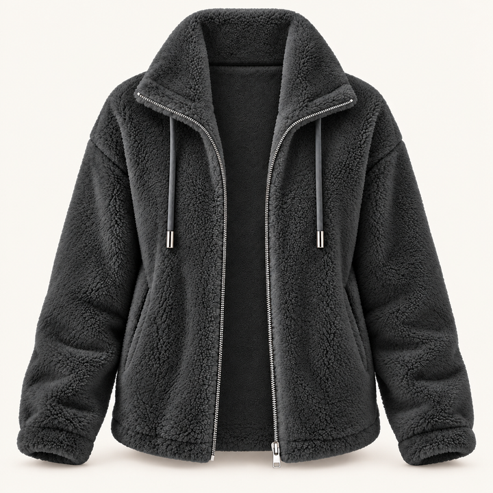 Calvyre-Paris Céliane – Veste teddy à col montant — Anthracite, sur fond blanc cassé.