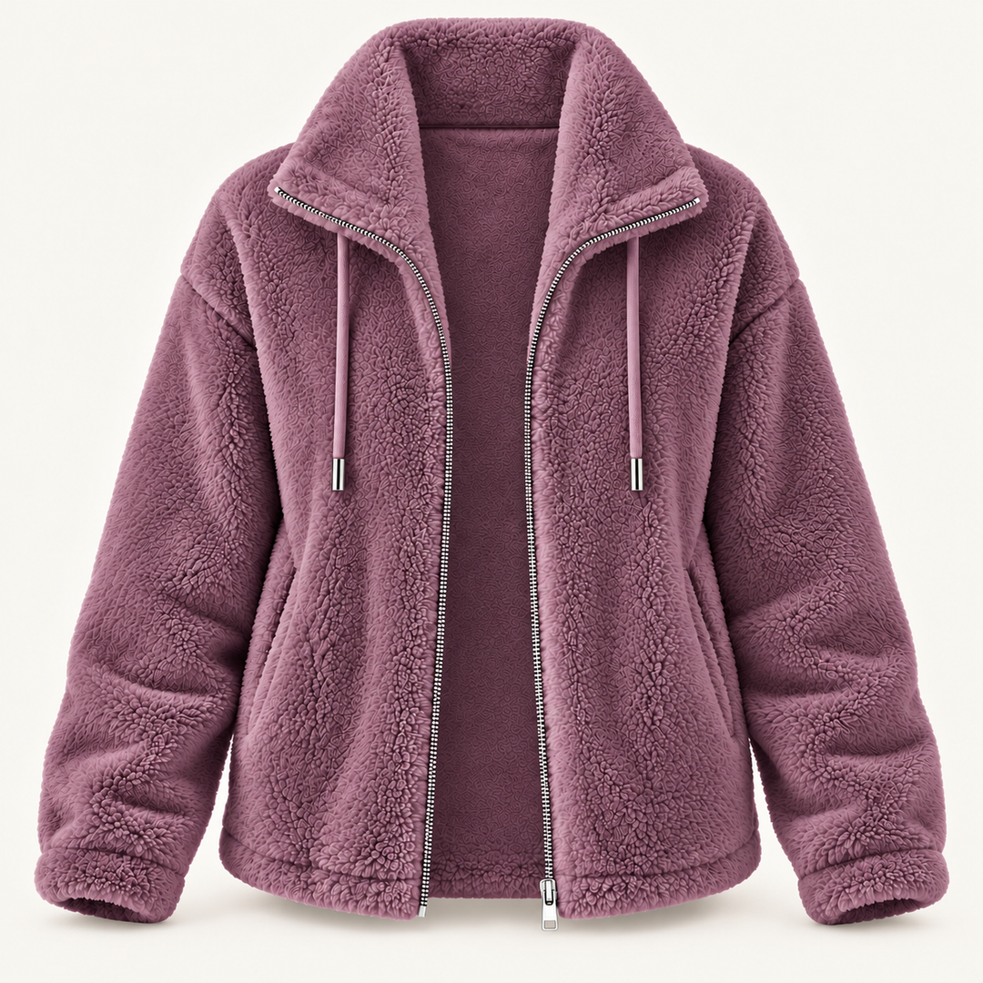 Calvyre-Paris Céliane – Veste teddy à col montant — Mauve, sur fond blanc cassé.