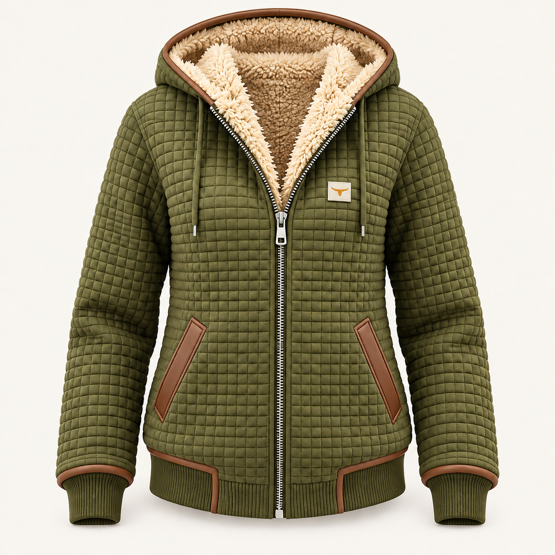 Calvyre-Paris  | Veste Matelassée à Capuche pour Femme Camille — Vert, sur fond blanc cassé.