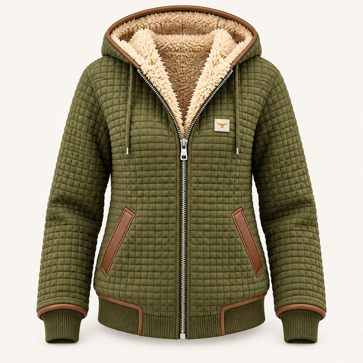 Calvyre-Paris  | Veste Matelassée à Capuche pour Femme Camille — Vert, sur fond blanc cassé.