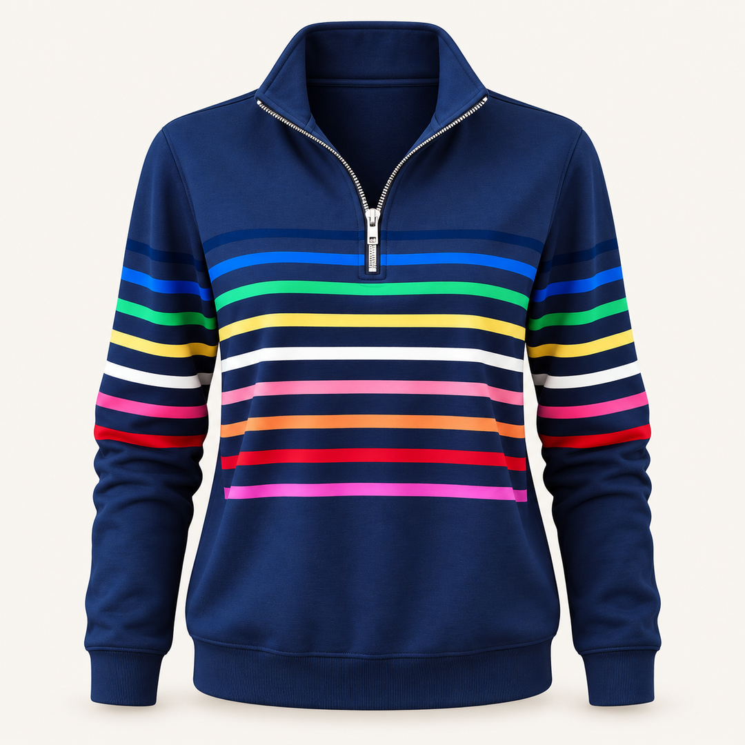 Calvyre-Paris  | Sweat Zippé Rayures Multicolores pour Femme Nathalie — Bleu, sur fond blanc cassé.