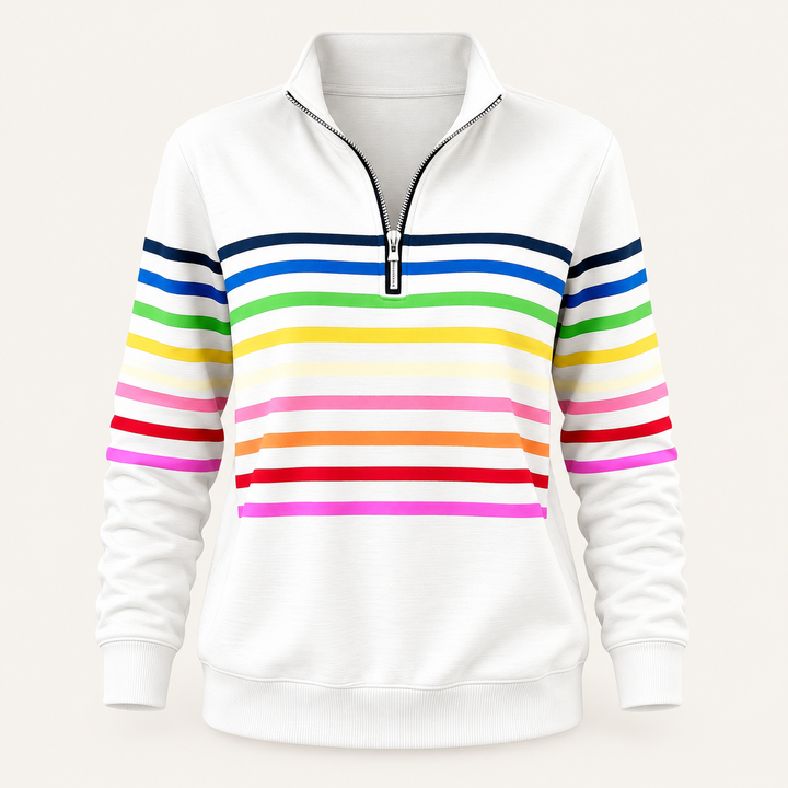 Calvyre-Paris  | Sweat Zippé Rayures Multicolores pour Femme Nathalie — Blanc, sur fond blanc cassé.