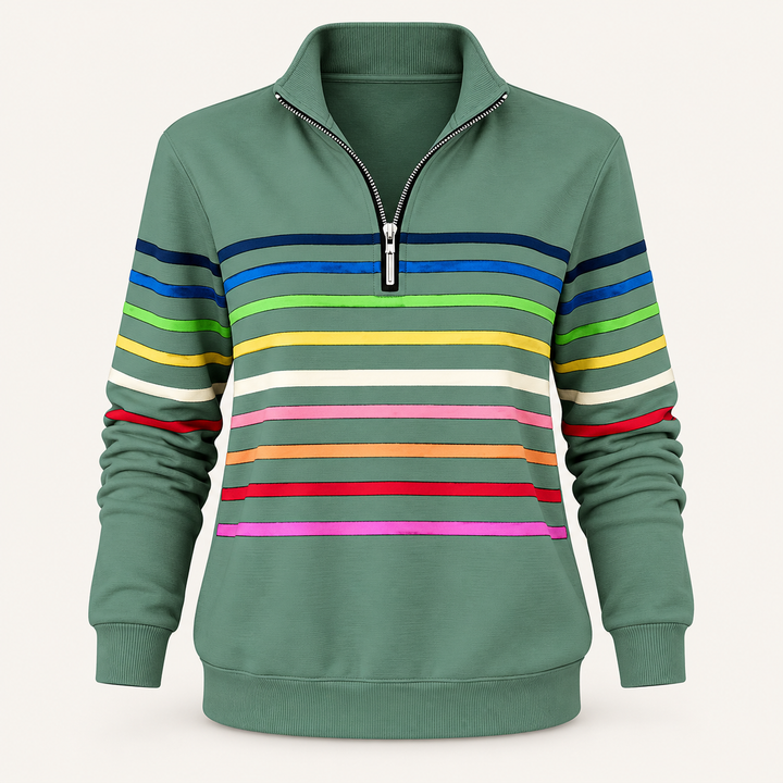 Calvyre-Paris  | Sweat Zippé Rayures Multicolores pour Femme Nathalie — Vert, sur fond blanc cassé.