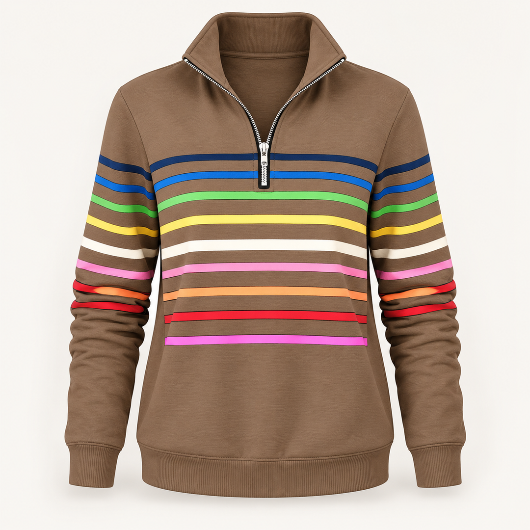 Calvyre-Paris  | Sweat Zippé Rayures Multicolores pour Femme Nathalie — Marron, sur fond blanc cassé.
