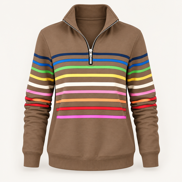 Calvyre-Paris  | Sweat Zippé Rayures Multicolores pour Femme Nathalie — Marron, sur fond blanc cassé.