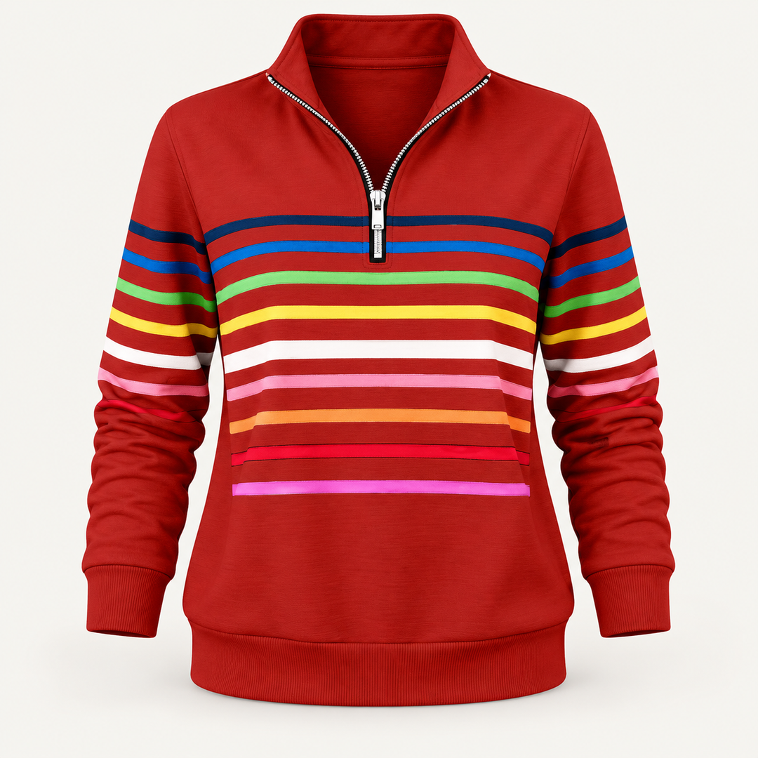 Calvyre-Paris  | Sweat Zippé Rayures Multicolores pour Femme Nathalie — Rouge, sur fond blanc cassé.