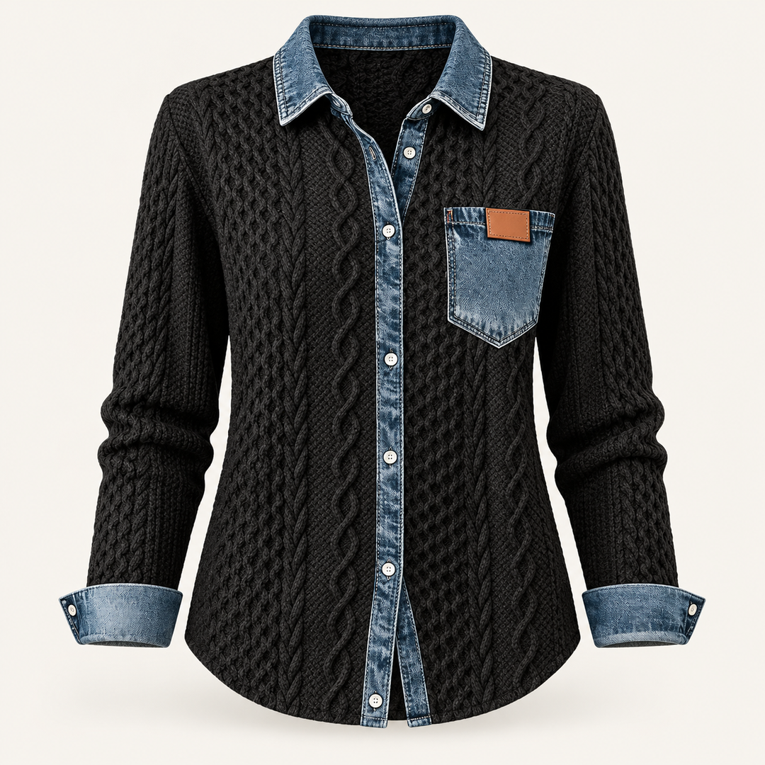 Calvyre-Paris  | Chemise Maille Torsadée pour Femme Claire — Noir, sur fond blanc cassé.