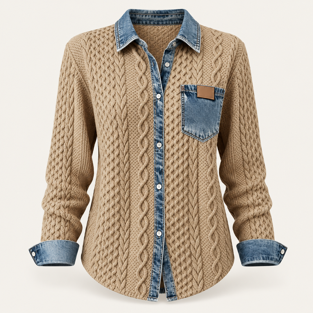 Calvyre-Paris  | Chemise Maille Torsadée pour Femme Claire — Camel, sur fond blanc cassé.