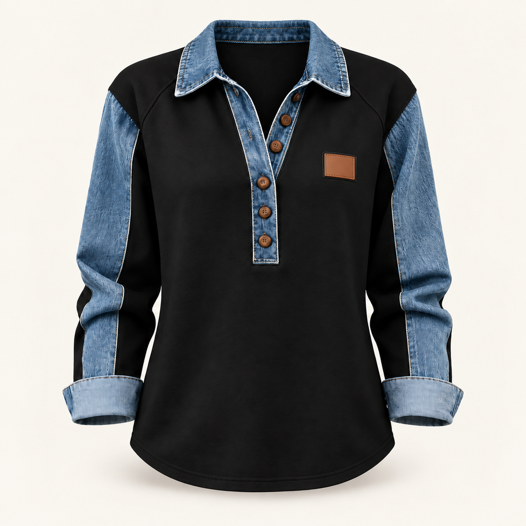 Calvyre-Paris  | Pull Col Boutonné Bicolore pour Femme Pauline — Noir, sur fond blanc cassé.