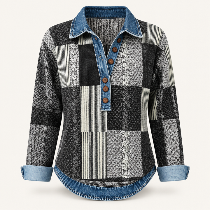 Calvyre-Paris | Pull Patchwork Effet Denim pour Femme Sylvie — Anthracite, sur fond blanc cassé.