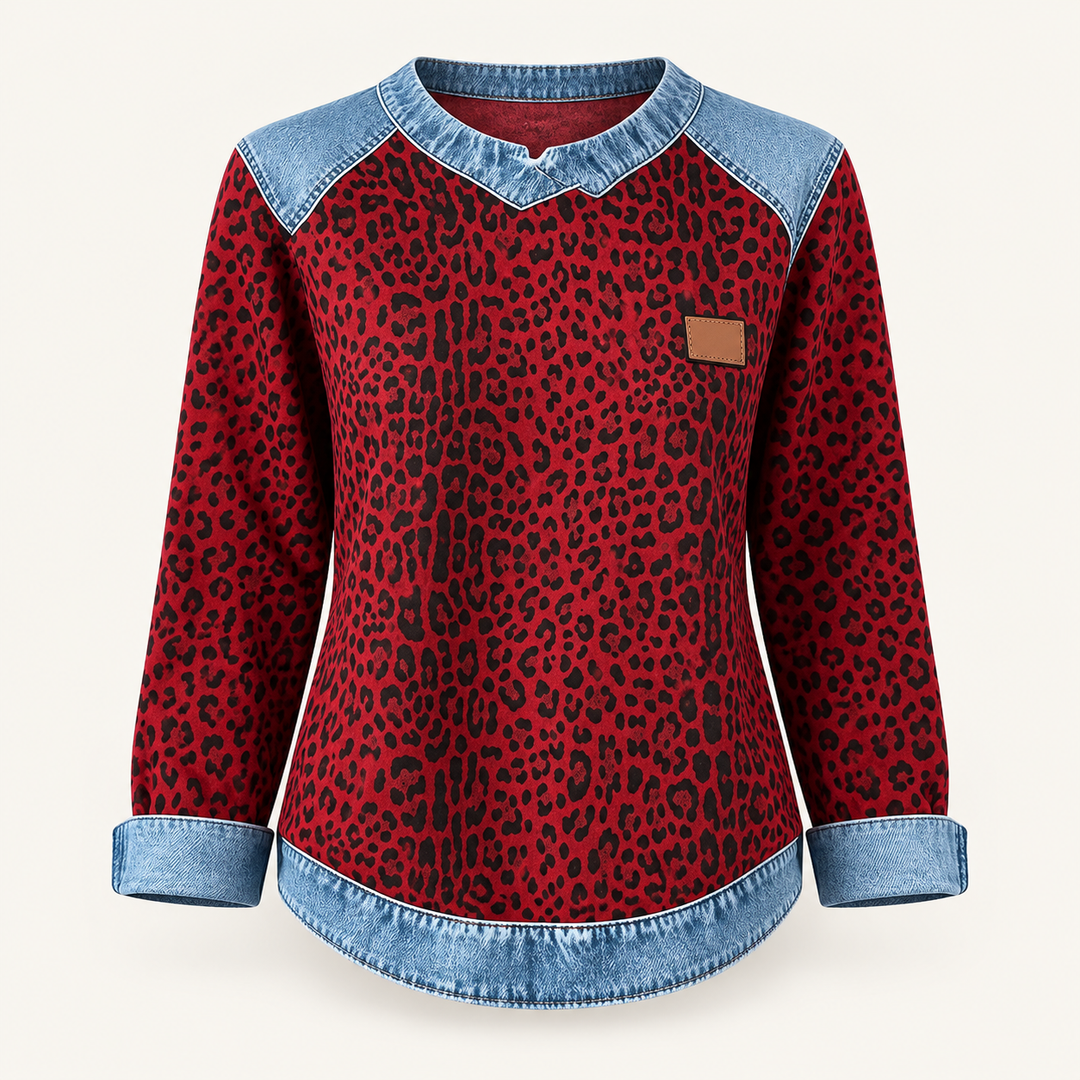 Calvyre-Paris  | Sweat Léopard Effet Denim pour Femme Marie — Léopard Rouge, sur fond blanc cassé.