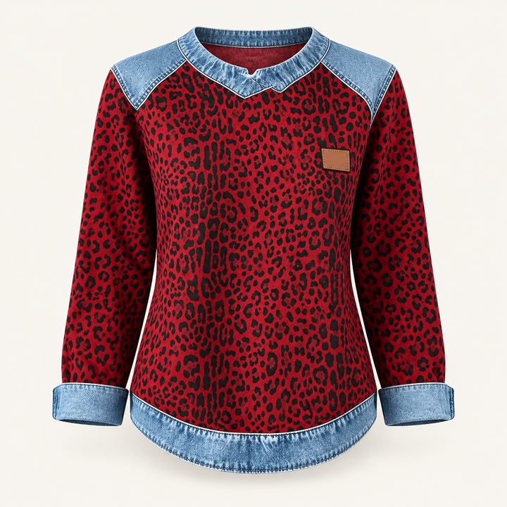 Calvyre-Paris  | Sweat Léopard Effet Denim pour Femme Marie — Léopard Rouge, sur fond blanc cassé.