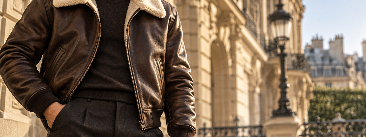 Blouson aviateur homme Calvyre-Paris dans un décor parisien