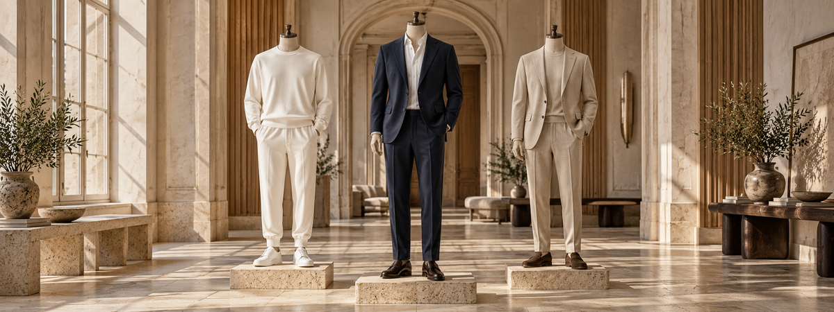 Tenues complètes · Hommes — joggingset et costumes dans un intérieur parisien