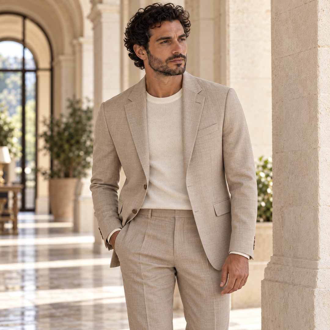 Tenues complètes pour homme — costume beige et maille ivoire